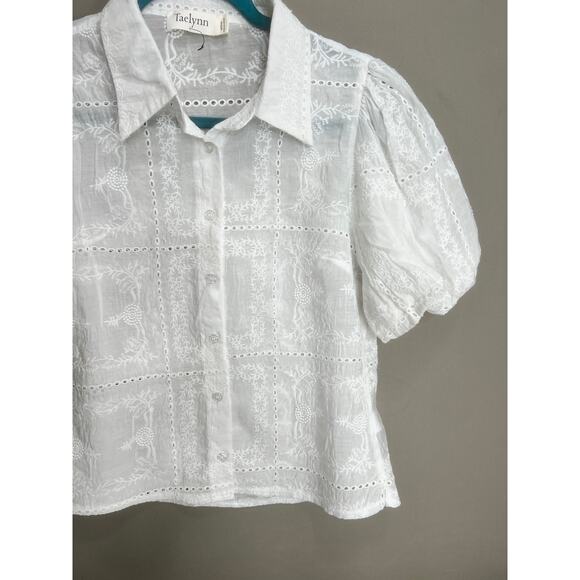 Taelynn White Coquette Button Up Puff Sleeve Embroidered Sz M Fairy Cottage Y2K - Picture 12 of 13